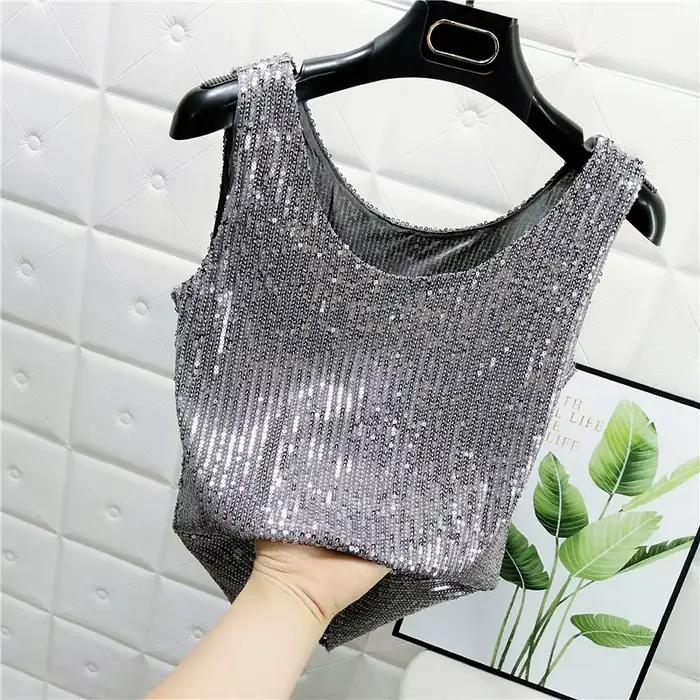 Gilet à paillettes scintillantes et col rond pour femmes