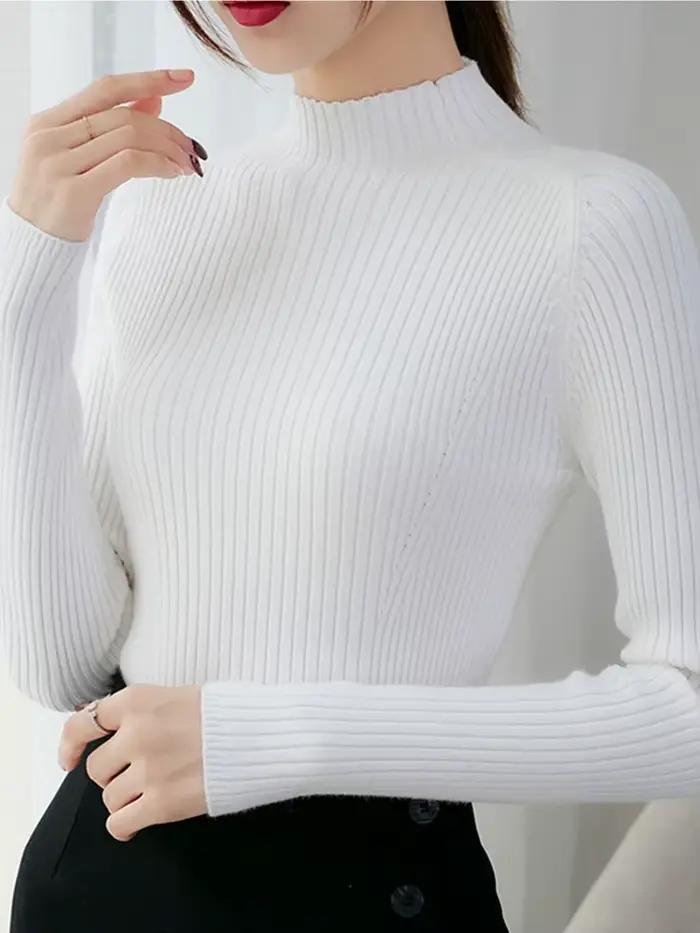 Femmes côtelé tricoté chandails 2026 automne hiver pull col montant à manches longues mince