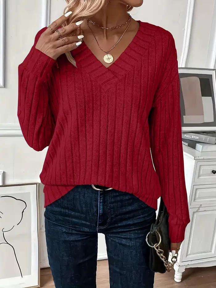 Pull en tricot côtelé à col en V grande taille pour femme en tissu doux et chaud