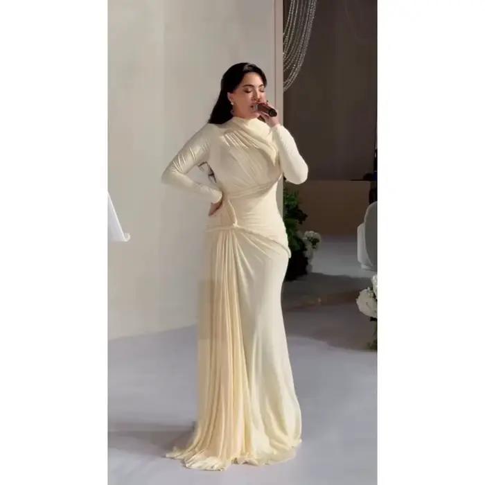Robe de soirée à col haut, manches longues personnalisées, plissée, longueur au sol, robe de bal sirène, robes de soirée formelles, style saoudien