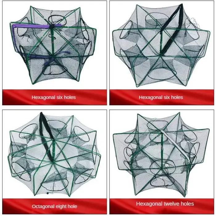 Nouveau filet de pêche pliable hexagonal/octogonal à 8 trous, filet de pêche à la main, filet de lancer, attrapeur d'écrevisses et de crevettes, outil de capture en cage/épuisette