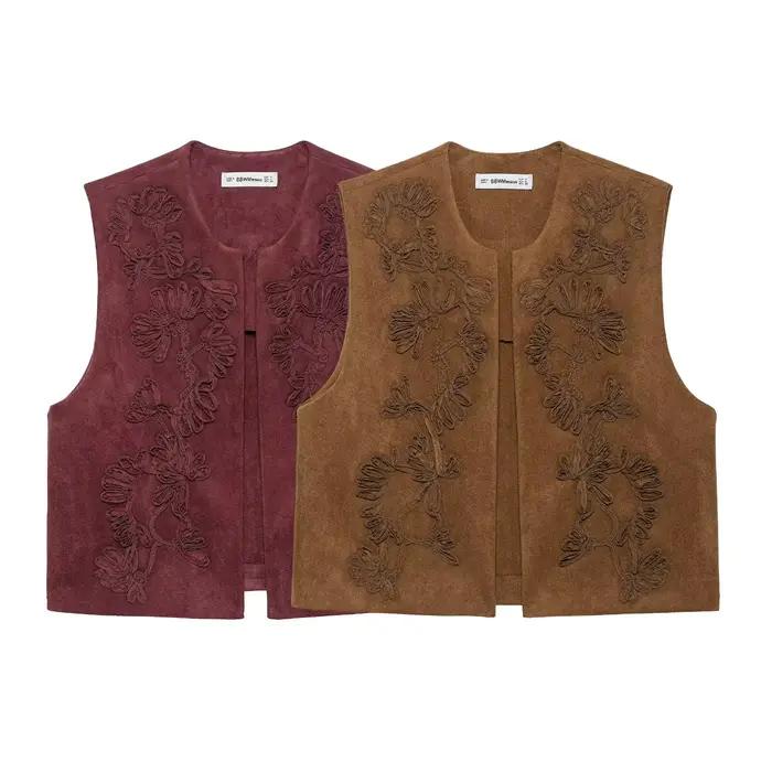 Été élégant femmes col rond broderie Design Vintage gilet haut femme solide sans manches décontracté Style de rue