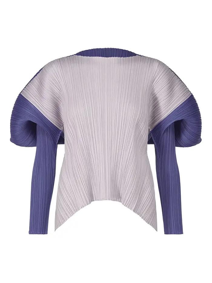 Fold Miyake plissé col rond manches longues femmes formes carrées combinaisons de couleurs haut ample