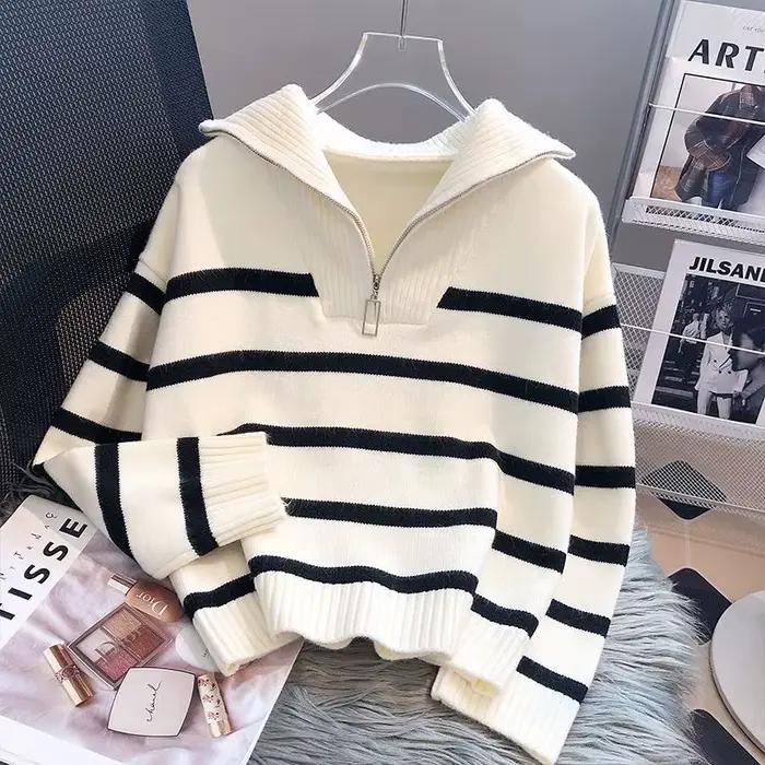 Pull pull femmes printemps et automne sous-vêtements nouvelle fermeture éclair rayure sous-couche style court populaire premium pull femme