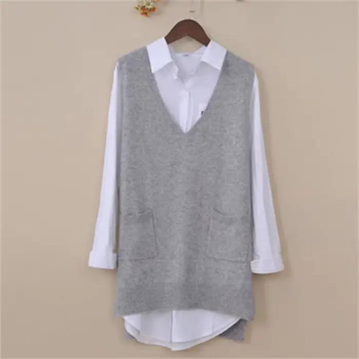 Gilet long tricoté pour femmes, col en V, poches pratiques, coupe ample, décontracté, polyester, printemps/automne, occasions spéciales