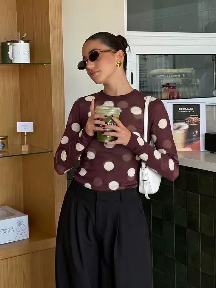 Nouveau Pull Tricoté Femme Printemps 2026 à Pois Col Rond Manches Longues Coupe Ample Décontracté pour Bureau Occasions Spéciales