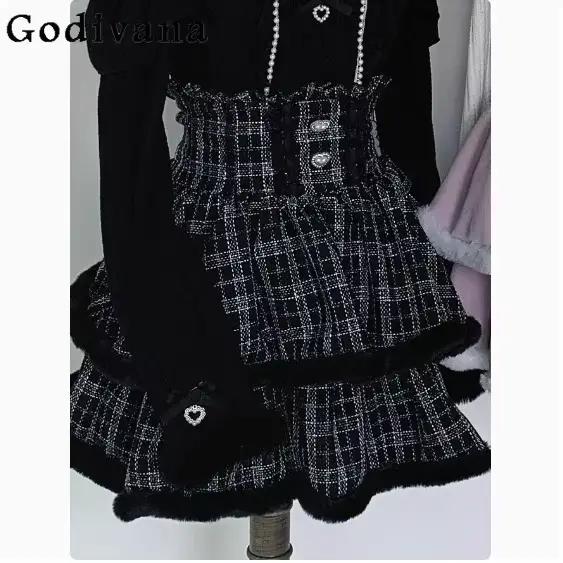 Style japonais Mine série Production de masse chandails dames haut Lolita femmes taille haute jupe à carreaux noire automne et hiver nouveau