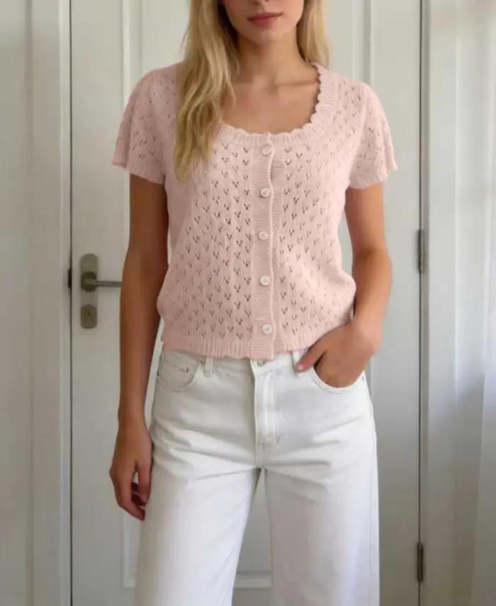 Cardigan en tricot rose élégant à manches courtes pour femme