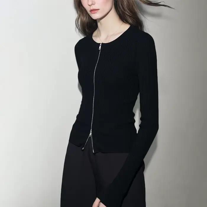 Cardigan Amii Femme Printemps 2026 Nouveau Col Rond Coupe Ajustée Double Fermeture Éclair Élastique Décontracté Couleur Unie Tricoté 12641135