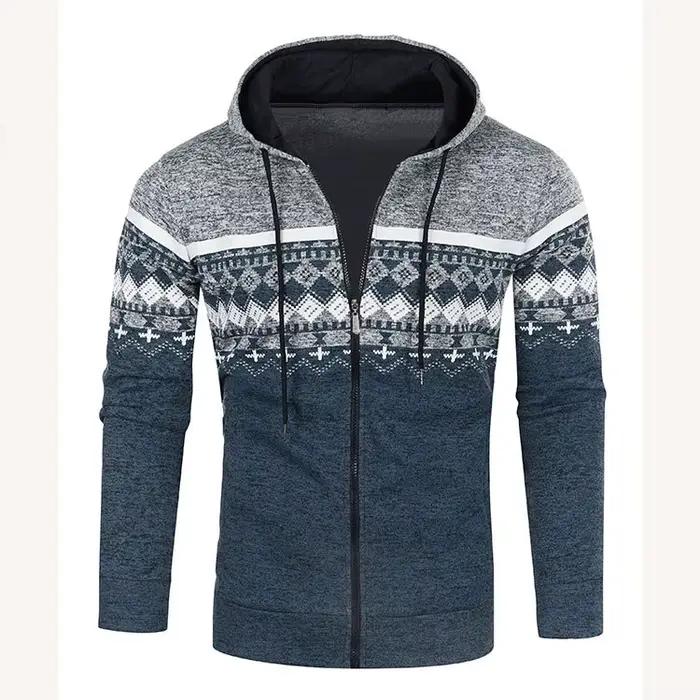 Veste à capuche pour hommes, nouveau Cardigan décontracté, ample, fin, pull en peluche, Style ethnique imprimé, veste Slim tricotée