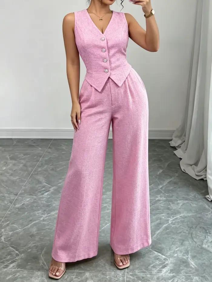 Ensemble chic pour femme : gilet rose sans manches à col en V boutonné et pantalon large taille haute en tweed – Idéal