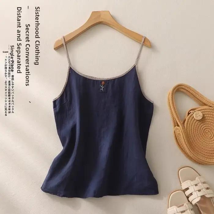 Gilet rétro brodé en lin pour femme style décontracté été ample et amincissant confortable et décontracté pour sorties et événements