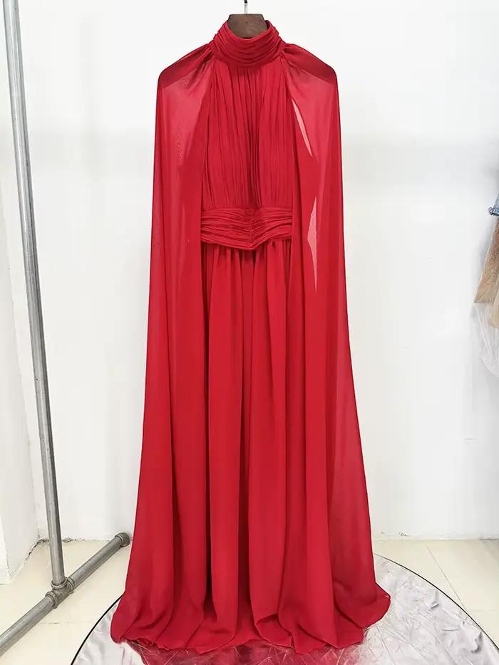 Robe de soirée rouge en mousseline de soie, col haut, manches Cape, robe Maxi plissée élégante pour Occasions formelles, robe longue de bal de qualité