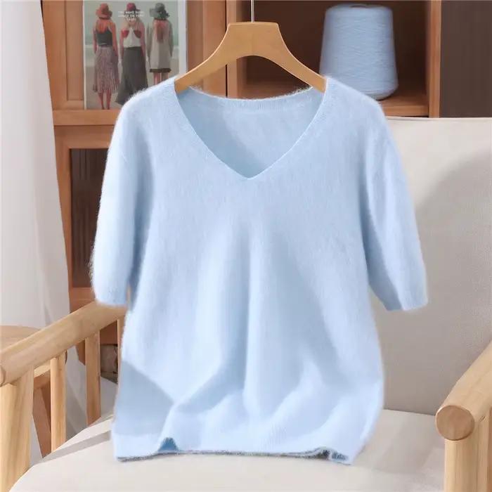 Pull à col en v en cachemire de vison pur pour femmes