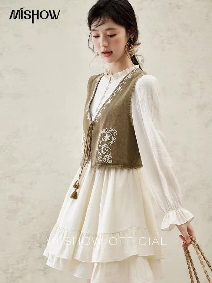MISHOW printemps élégant gilets robe séparément femmes 2025 solide à manches longues bouffantes robes mi-longues imprimer Denim gilet mode MXE16L2197