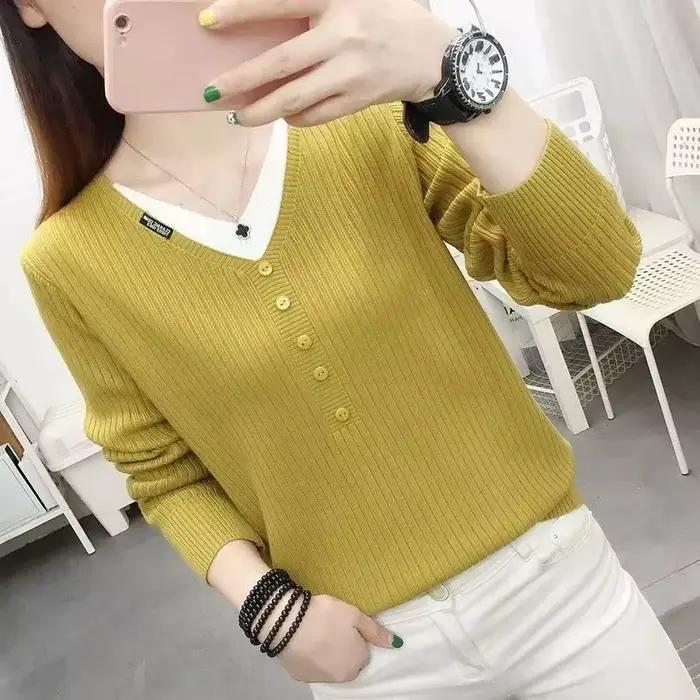 Pull en tricot à col en V pour femmes