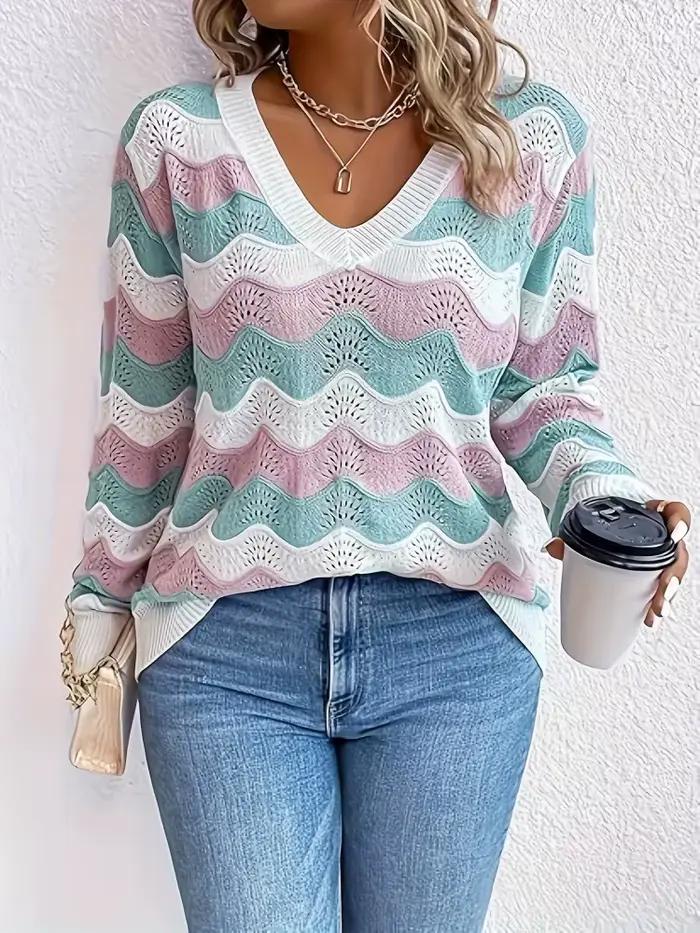 Mode féminine grande taille européenne et américaine : Pull en tricot sexy à col en V avec découpes et blocs de couleur pour femmes