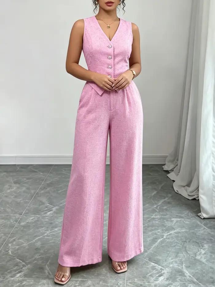 Ensemble chic pour femme : gilet rose sans manches à col en V boutonné et pantalon large taille haute en tweed – Idéal