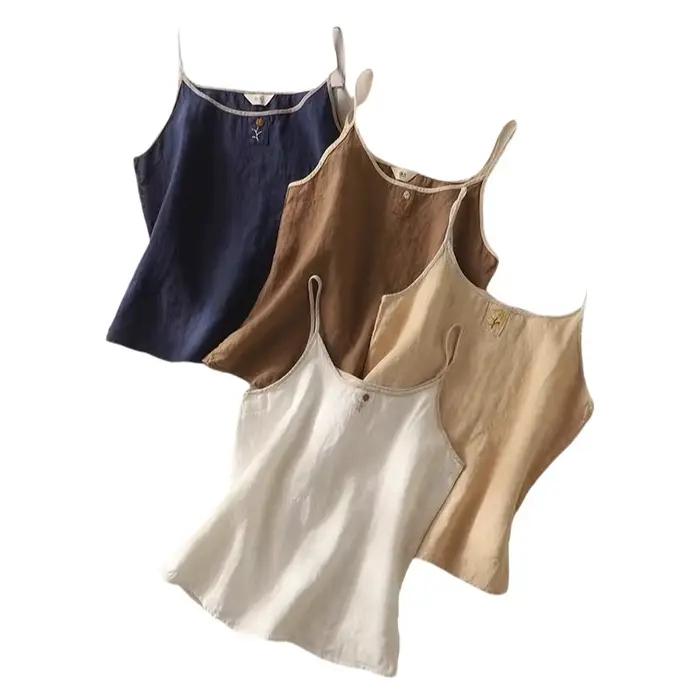 Gilet rétro brodé en lin pour femme style décontracté été ample et amincissant confortable et décontracté pour sorties et événements