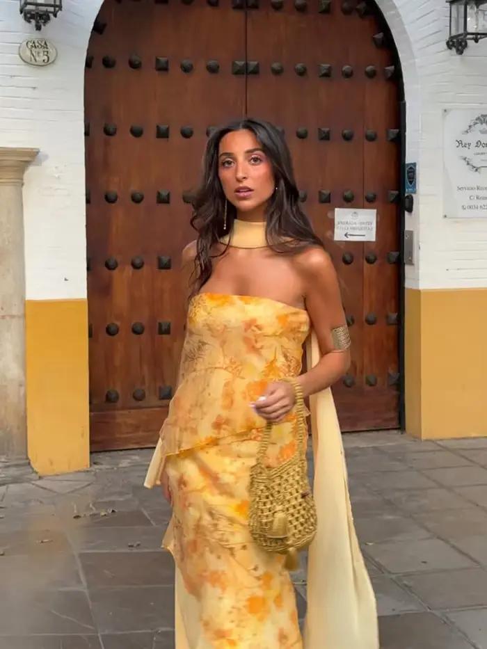 Ensemble jupe et haut imprimé urbain pour femme – Blouse plissée à col en V et manches longues évasées