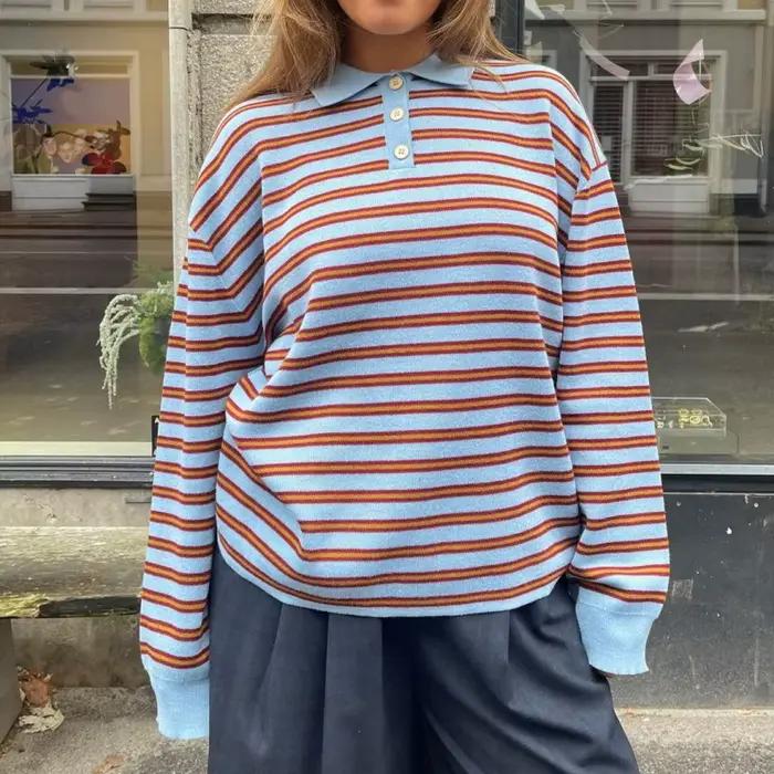 Y2k Vintage côtelé tricoté rayé col pull ample à manches longues