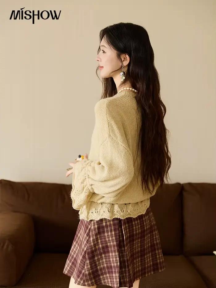 MISHOW pull au Crochet fait à la main Cardigan automne Mohair manches évasées hauts tricotés vague col en v à lacets