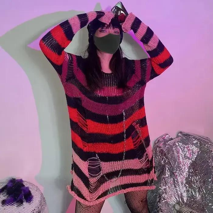 Nouveau violet rayé gothique chandails femmes déchiré trous lâche tricoté pull effiloché fée Grunge pulls Emo Streetwear Lolita