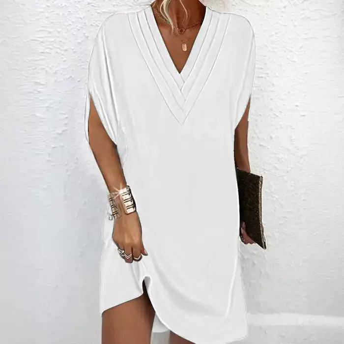 Femmes élégantes multicouche col en V pull robes été chauve-souris demi manches robe nouvelle femme couleur unie