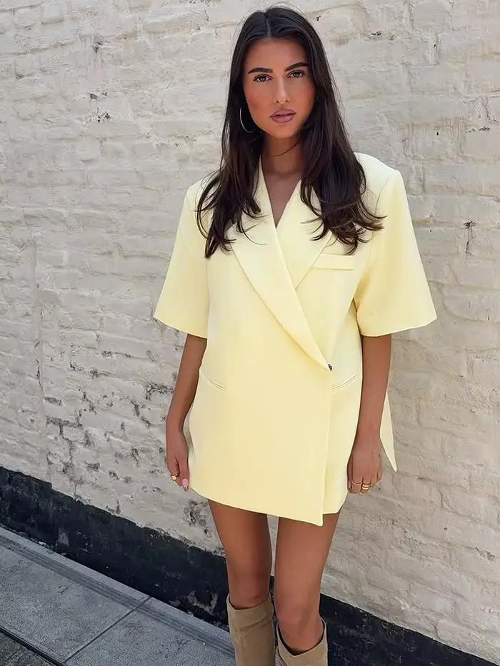 Beurre jaune recadrée Blazers manteaux femmes mode revers ample demi manches veste été bureau dame trajet Streetwear 2025
