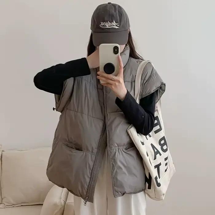 Gilet femme 2025 automne hiver veste sans manches manteau ample court col montant vers le bas coton