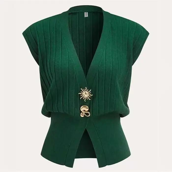 UOOZEE femmes Vintage élégant vert tricot gilet hauts boucle d'or sans manches col en v recadrée formel affaires