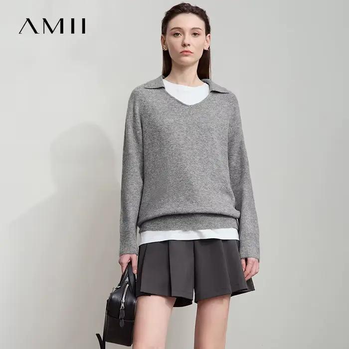 AMII femmes pull 2025 automne nouvelle femme vêtements couleur unie col en v