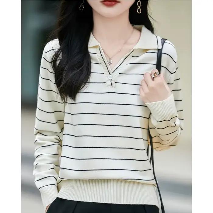 Pull à manches longues et col rayé de Style français pour femmes