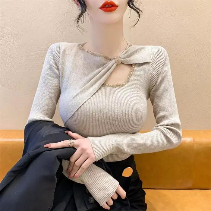 Chandails tricotés pour femmes avec strass automne mode coréenne vêtements ventes Y2k haut Vintage vêtements d'extérieur nœud femme pull