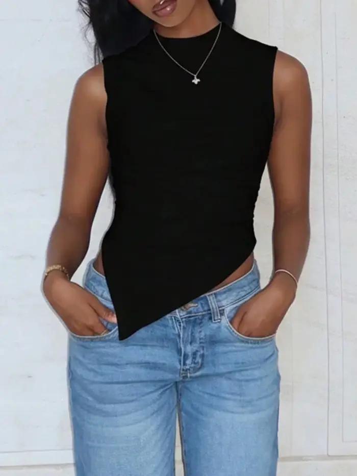 Gilet décontracté sans manches plissé à ourlet asymétrique de couleur unie pour femme 1 pièce