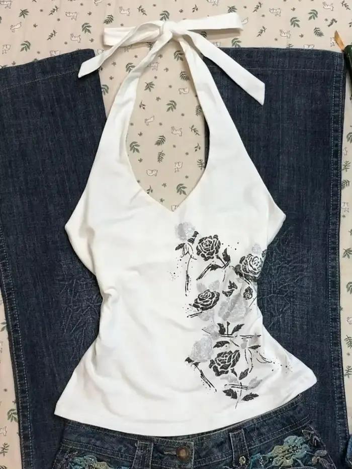 Gilet Camisole imprimé Vintage américain bleu Rose pour femmes