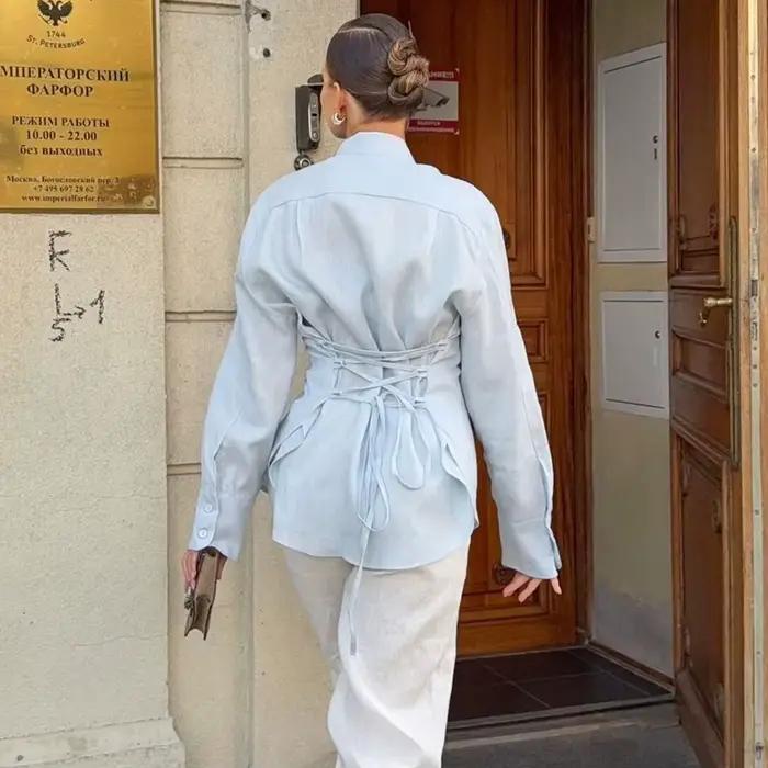 Linad élégant bleu coton écharpe col Blouse femme bureau rouge simple boutonnage chemises