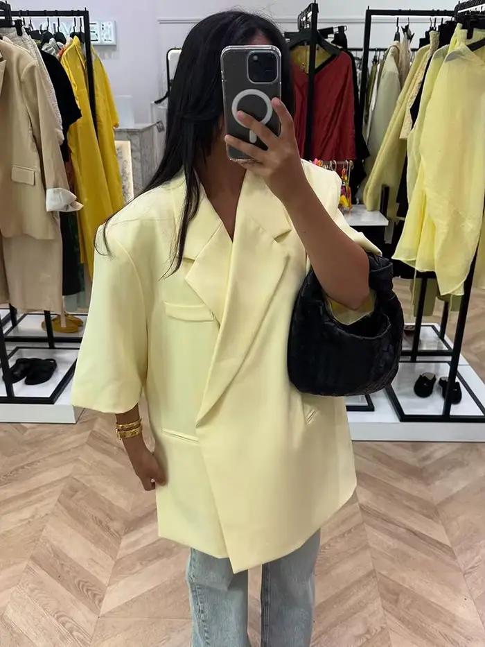 Beurre jaune recadrée Blazers manteaux femmes mode revers ample demi manches veste été bureau dame trajet Streetwear 2025