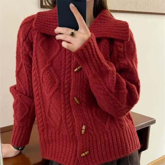 Pull à revers manteau paresseux ample collège diamant pâte frite torsions tricot Cardigan superposition