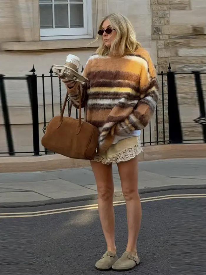 Rétro Mohair rayé pull femmes décontracté en peluche ample col rond manches longues chandails femme 2025 automne Chic rue tricots