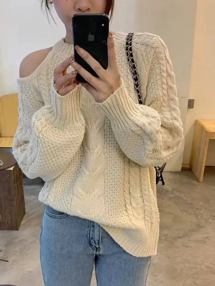 Pull rétro en tricot torsadé à épaules dénudées pour femmes