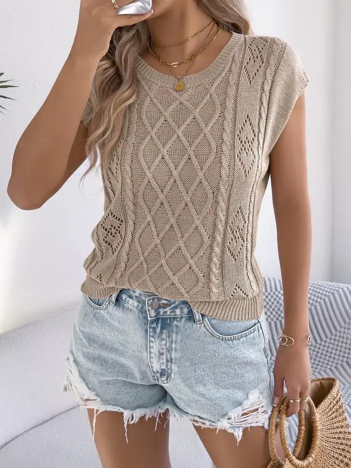 Pull décontracté à col rond et manches chauve-souris en tricot ajouré pour femme