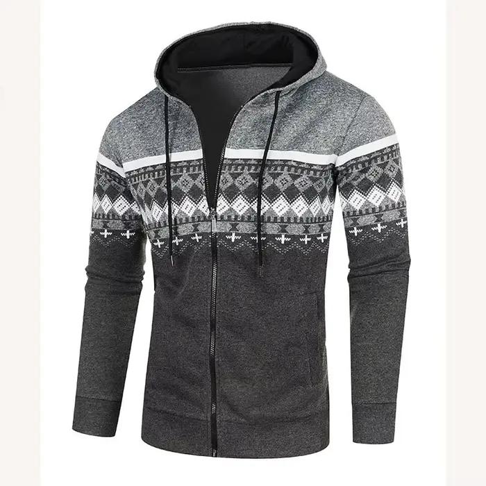 Veste à capuche pour hommes, nouveau Cardigan décontracté, ample, fin, pull en peluche, Style ethnique imprimé, veste Slim tricotée