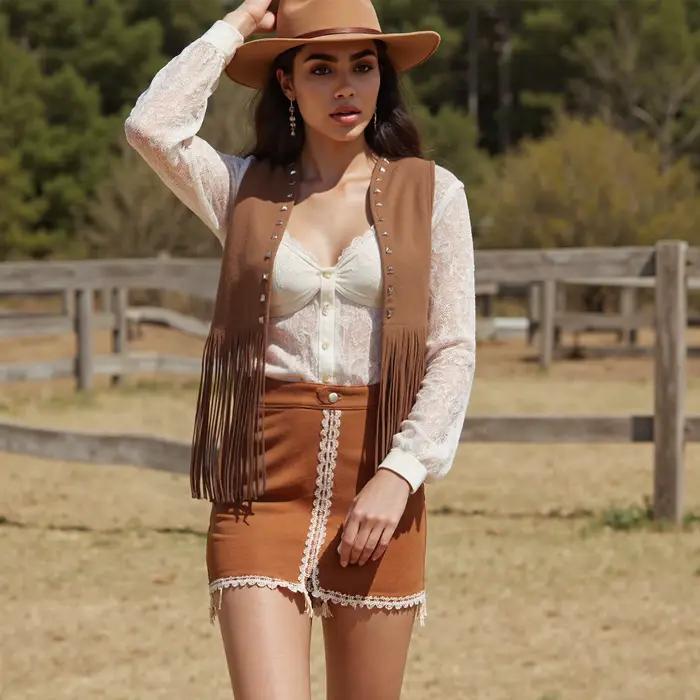 Puloru Vintage Rivet gland gilet femmes années 70 ouvert devant sans manches Faux daim