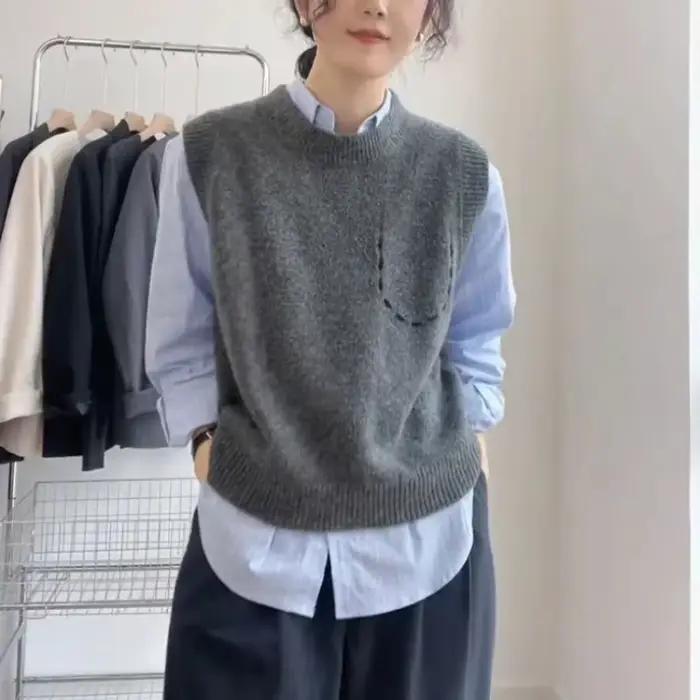 Solide col rond femmes tricoté gilet pull Style coréen vêtements tendance 2025