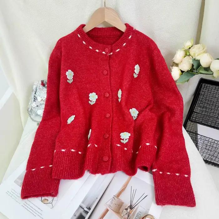 Cardigan tricoté à fleurs patchwork à col rond pour femme