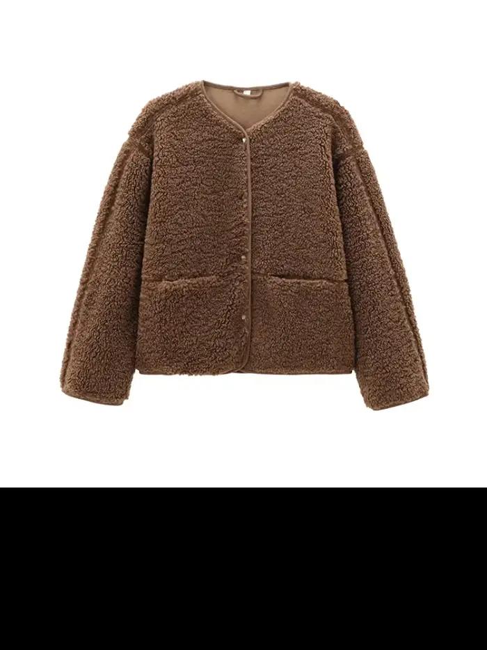 Peluche Teddy veste femme élégant col rond simple boutonnage poches épaissir manches longues manteaux