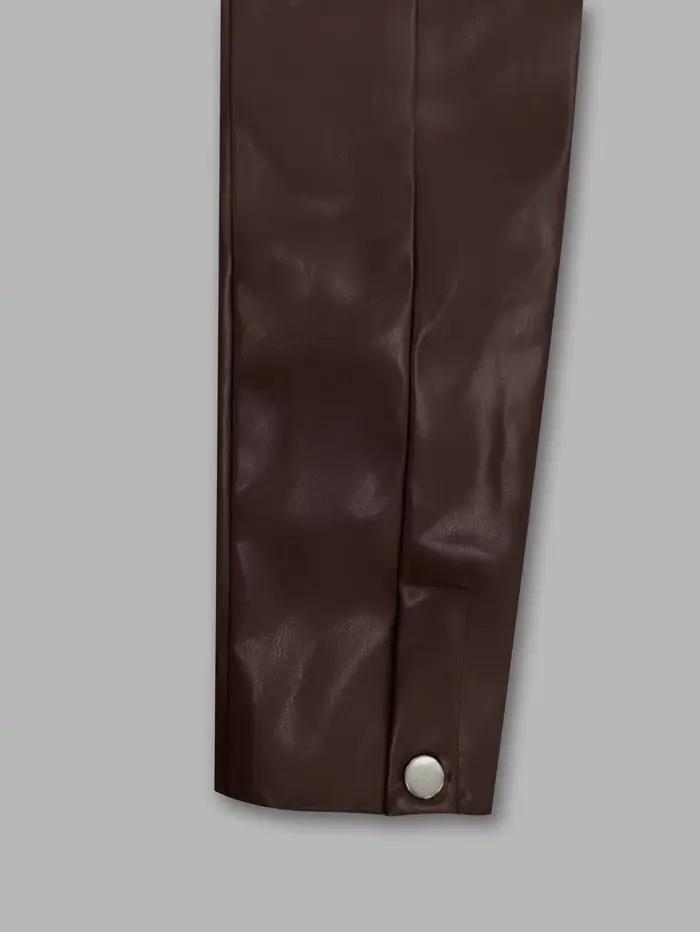 Veste zippée en simili cuir marron chocolat pour femme