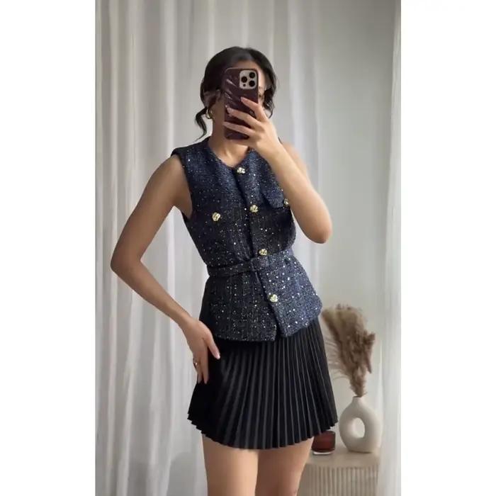 Vrouwen Pailletten Blauw gilet nouveau Mode Met Riem Vesten