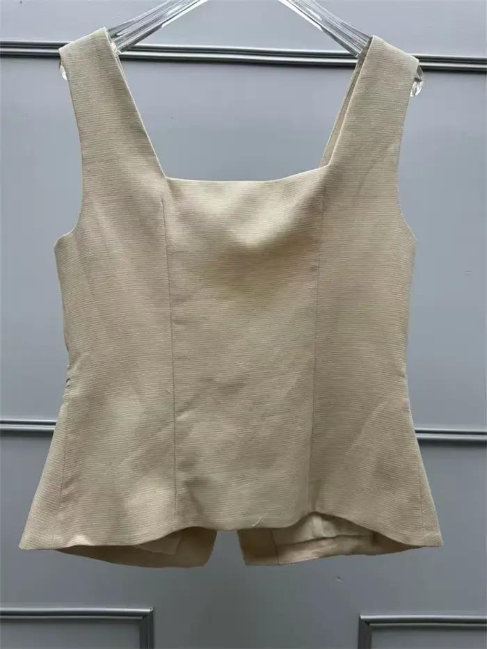 Gilet cintré en mélange de lin pour femme, col carré, sans manches, boutonné